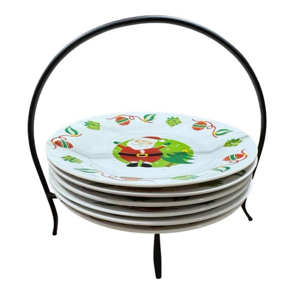 Festive Santa Plate Set with Stand - Six 7” plates